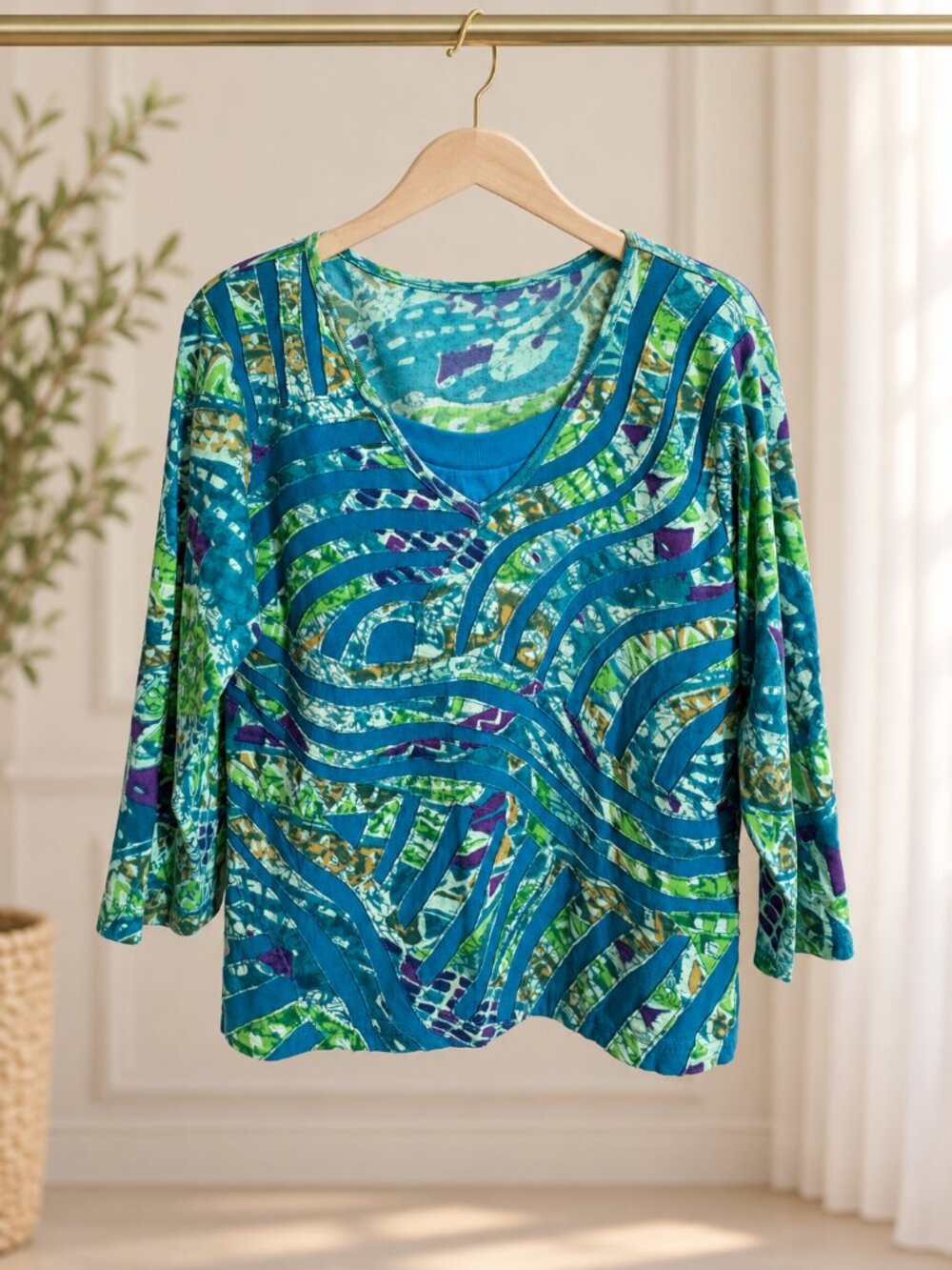Take Two Clothing Co Petite M Teal Abstract 3/4 Sleeve Cotton Top Y2K